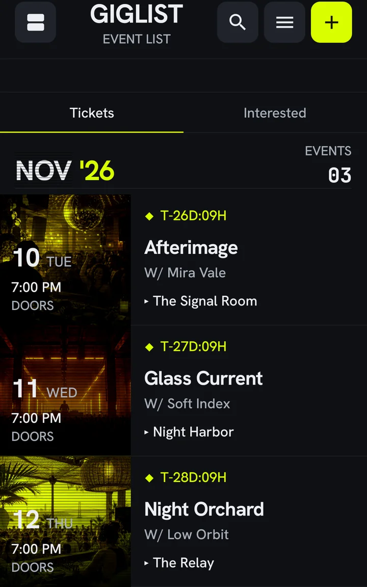 Giglist groups concert tickets by month, with each show's date, artwork, and venue.